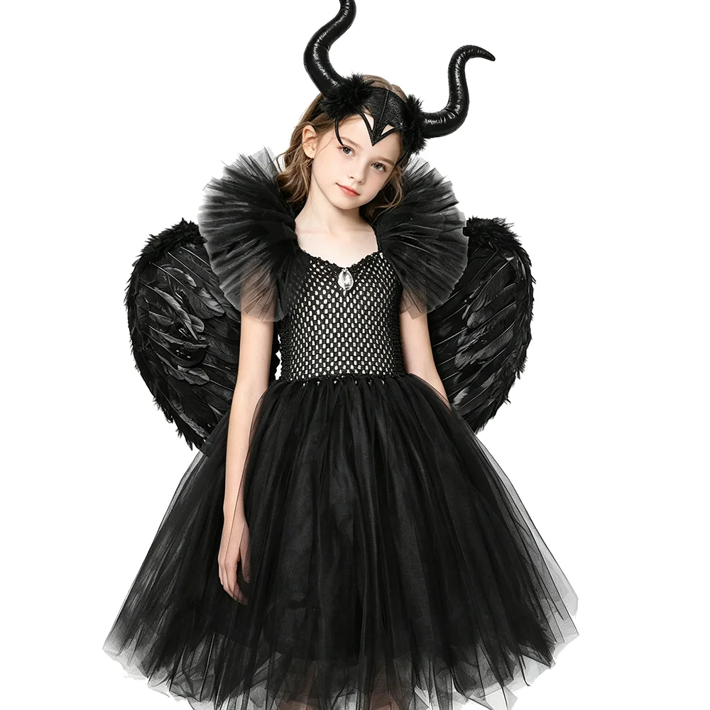 Black Witch Evil Queen Long Tutu Dress for Girls Dark Fairy Halloween Costumes with Feather Wings & Horns Kids Carnival Outfit
Black Witch Evil Queen Long Tutu Dress for Girls Dark Fairy Halloween Costumes with Feather Wings & Horns Kids Carnival Outfit