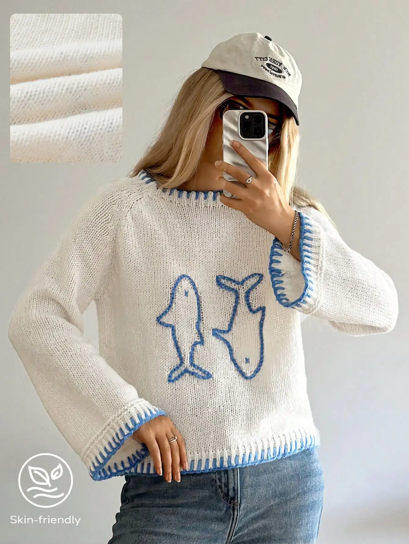 Women's White Knit Crew Neck Sweater with Blue Fish Graphic, Long Sleeve Casual Pullover for Fall Winter
Women's White Knit Crew Neck Sweater with Blue Fish Graphic, Long Sleeve Casual Pullover for Fall Winter