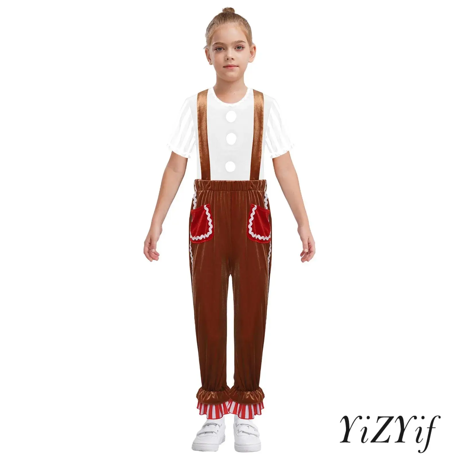 Рождественский костюм пряничного человечка для детей, белые волнистые полоски, пряничные эльфы, брюки на подтяжках для Хэллоуина, косплея, вечеринки 
Рождественский костюм пряничного человечка для детей, белые волнистые полоски, пряничные эльфы, брюки на подтяжках для Хэллоуина, косплея, вечеринки