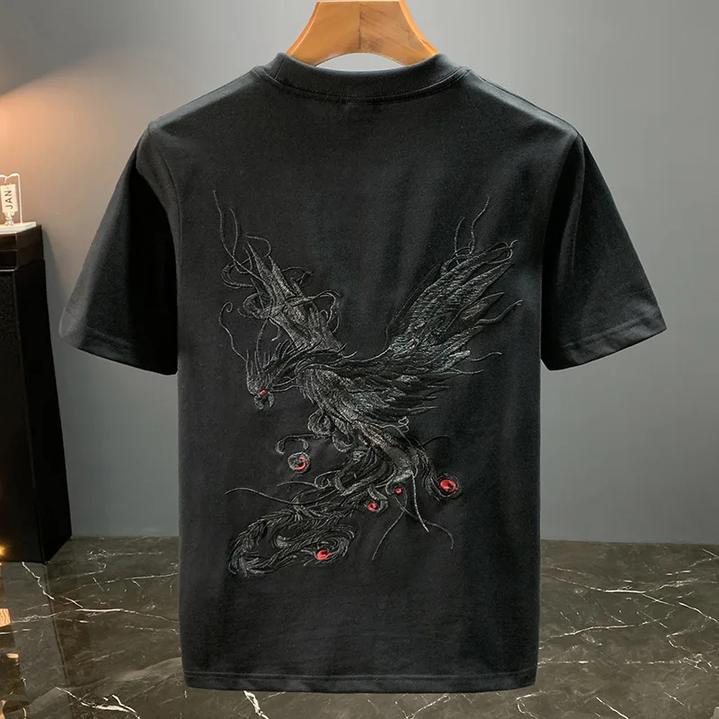 Phoenix embroidered short sleeve t-shirt for men in summer, slim fit, elastic, Chinese style printed trendy casual top
Phoenix embroidered short sleeve t-shirt for men in summer, slim fit, elastic, Chinese style printed trendy casual top