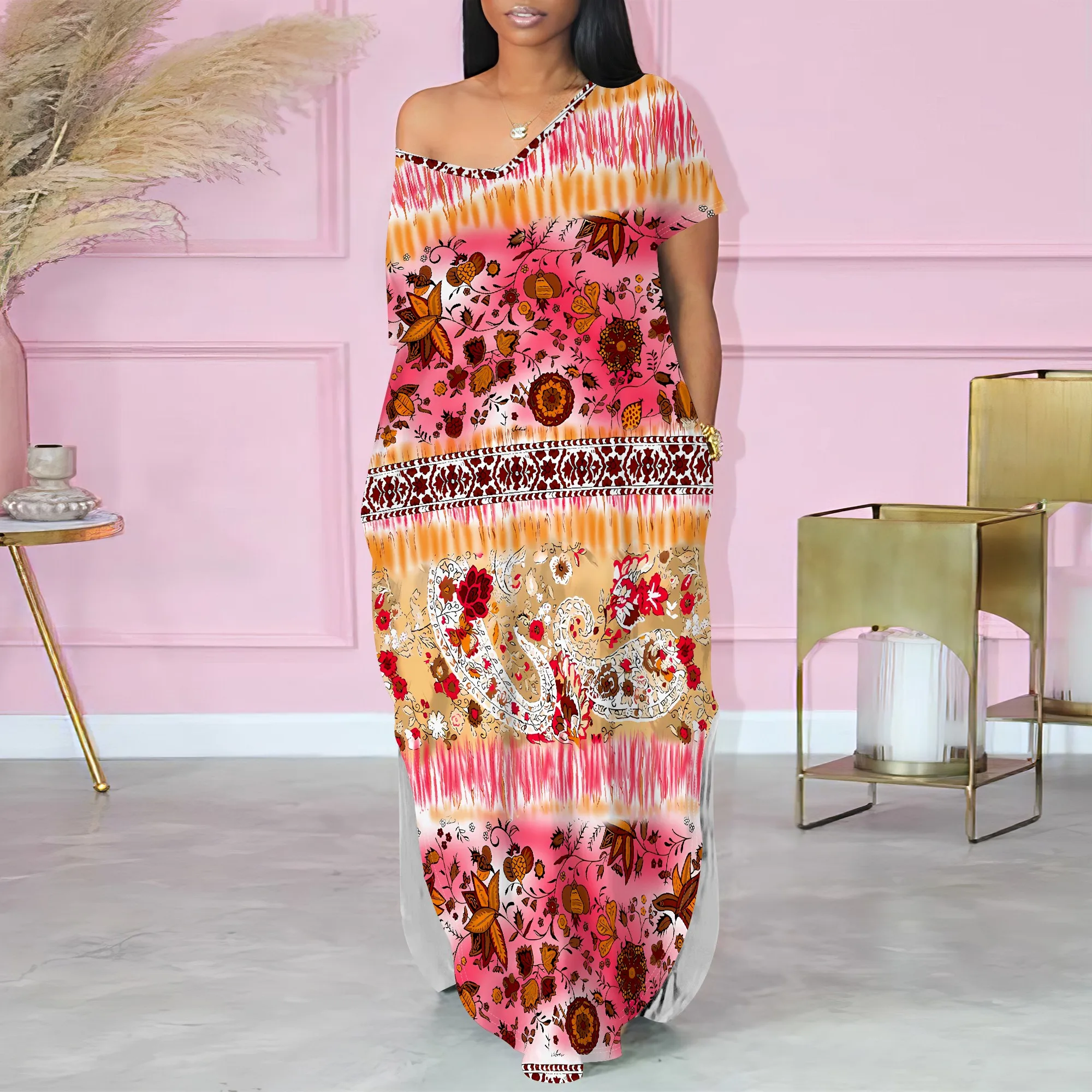 Women's Summer Fashion Printed Short-Sleeved One-Shoulder V Neck for Women Loose Two-side Slits Casual Maxi Dress With Pocket
Women's Summer Fashion Printed Short-Sleeved One-Shoulder V Neck for Women Loose Two-side Slits Casual Maxi Dress With Pocket