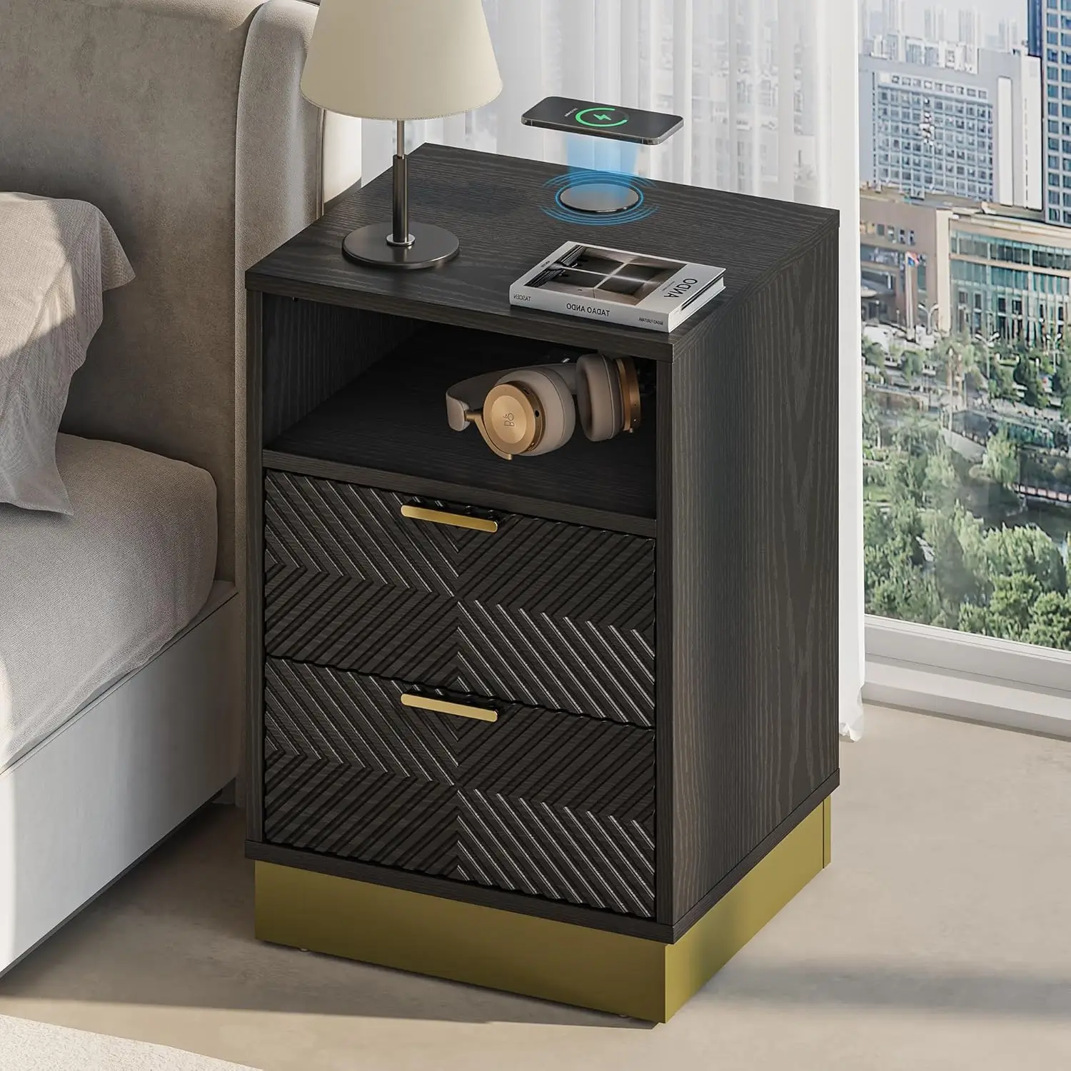 Modern Black Nightstand With 15W Wireless Fast Charger, Dual Drawers, USB/Type-C Port & AC Outlets, Sturdy, Customized
Modern Black Nightstand With 15W Wireless Fast Charger, Dual Drawers, USB/Type-C Port & AC Outlets, Sturdy, Customized