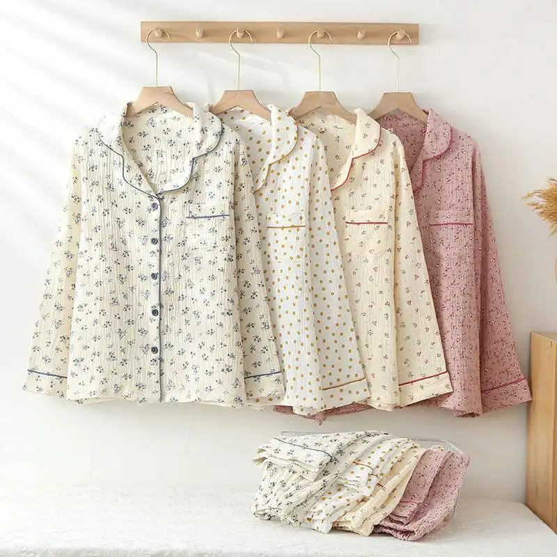 New Summer Thin Double Layer Gauze Shirt Collar Ladies Nightgown Long Sleeve Home Clothes Set Spring Autumn Floral Print
New Summer Thin Double Layer Gauze Shirt Collar Ladies Nightgown Long Sleeve Home Clothes Set Spring Autumn Floral Print