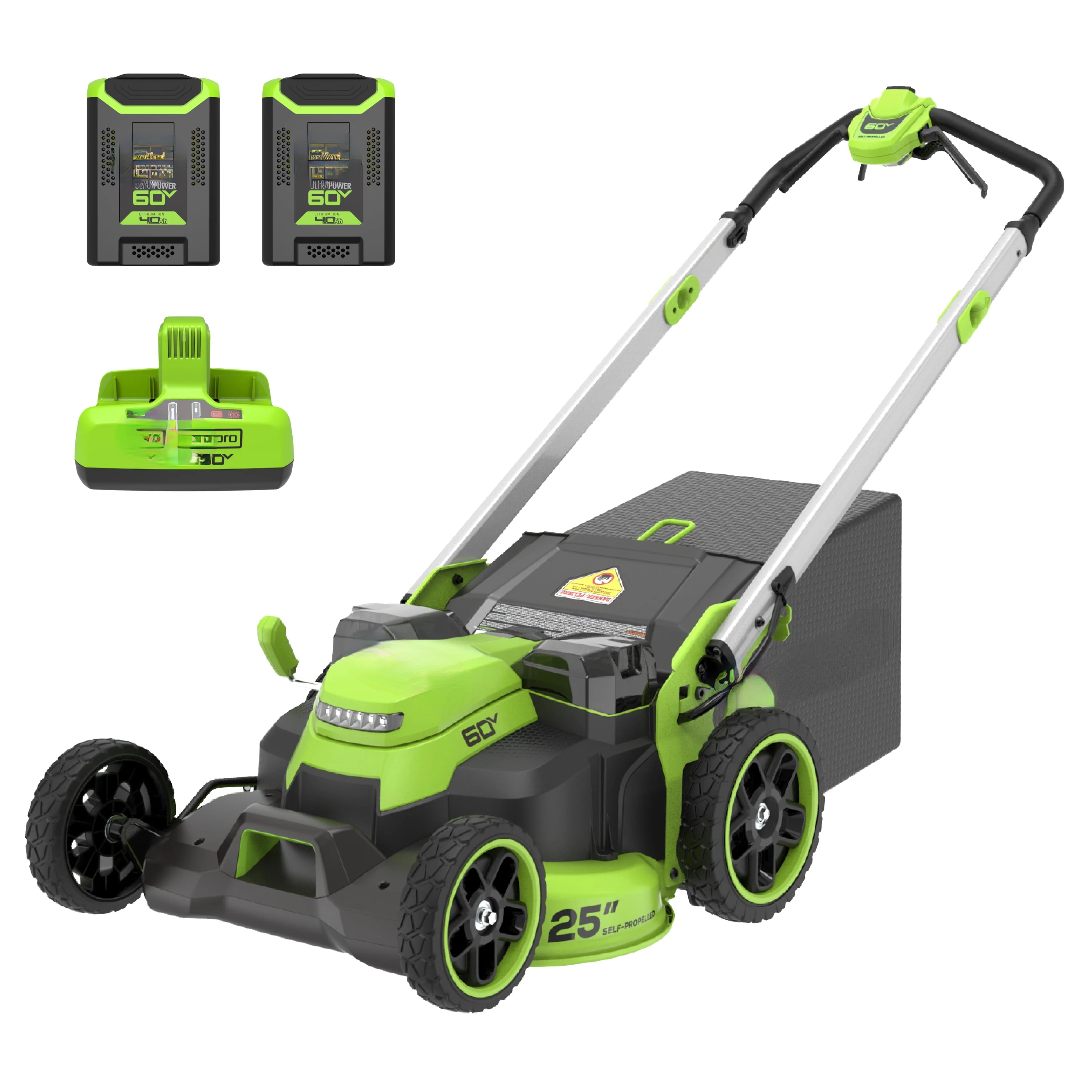 60V 25" Self-Propelled Lawn Mower with (2) 4.0 Ah Batteries &Rapid Charger 3-in-1 Design for Mulching, Side Discharge or Bagging
60V 25" Self-Propelled Lawn Mower with (2) 4.0 Ah Batteries &Rapid Charger 3-in-1 Design for Mulching, Side Discharge or Bagging