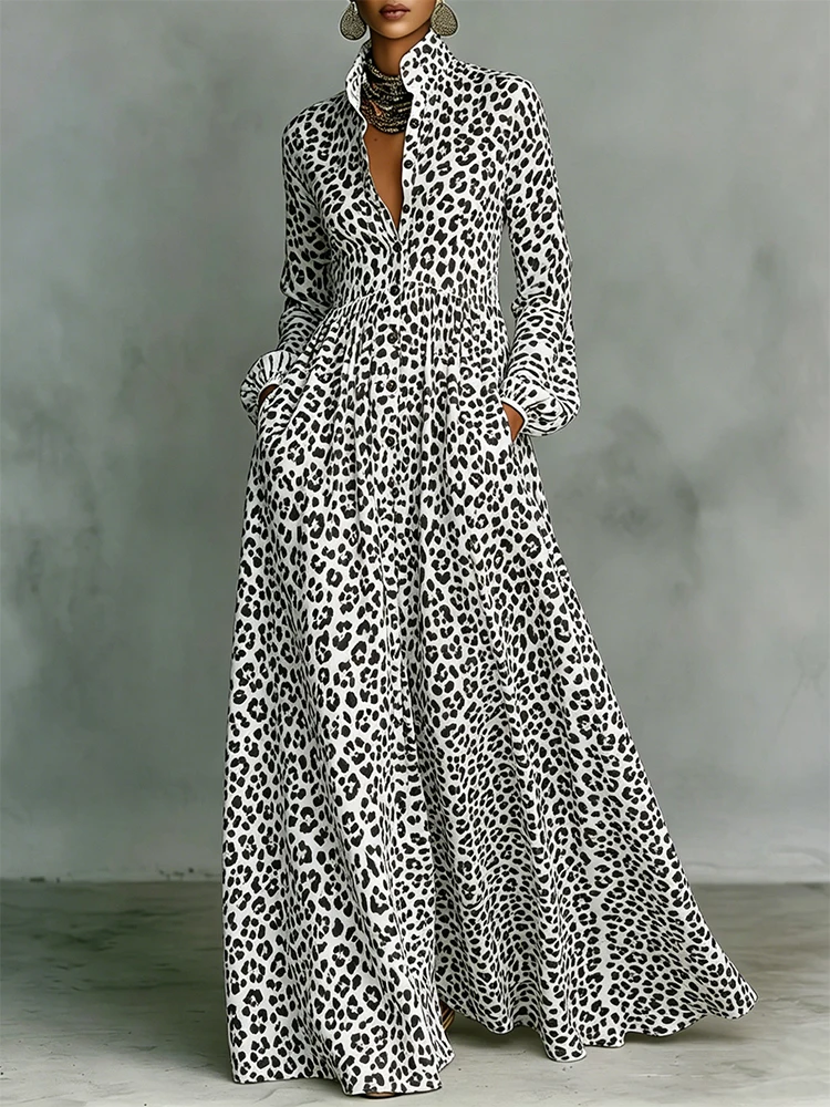 Spring Autumn Fashion Waist Slimming Long Sleeve Leopard Print Women's Dress Elegant Stand-up Collar Vacation Female Long Dress
Spring Autumn Fashion Waist Slimming Long Sleeve Leopard Print Women's Dress Elegant Stand-up Collar Vacation Female Long Dress
