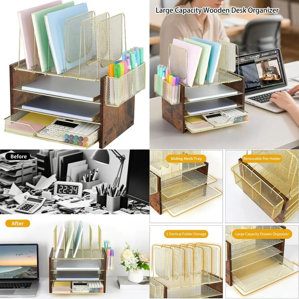 gold desk organizers and accessories,4-tier desktop file organizer with drawer, wood paper organizer with 5 vertical file holder
gold desk organizers and accessories,4-tier desktop file organizer with drawer, wood paper organizer with 5 vertical file holder