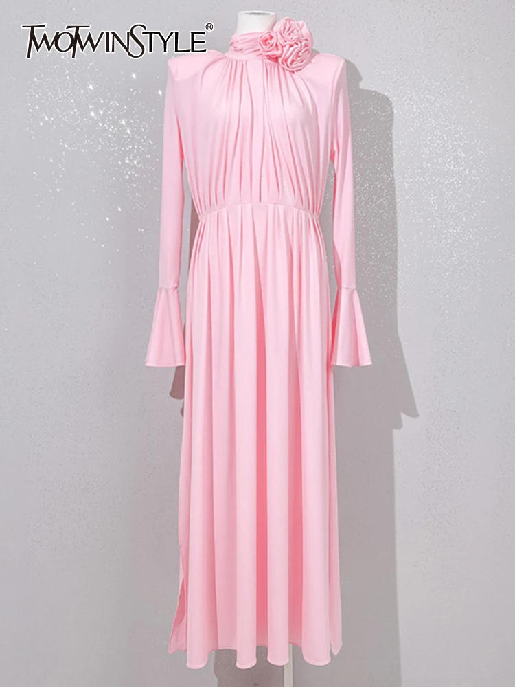 TWOTWINSTYLE Solid Appliques Folds Dresses For Women Half High Collar Flare Sleeve Tunic Long Dress Female Fashion Clothing New
TWOTWINSTYLE Solid Appliques Folds Dresses For Women Half High Collar Flare Sleeve Tunic Long Dress Female Fashion Clothing New