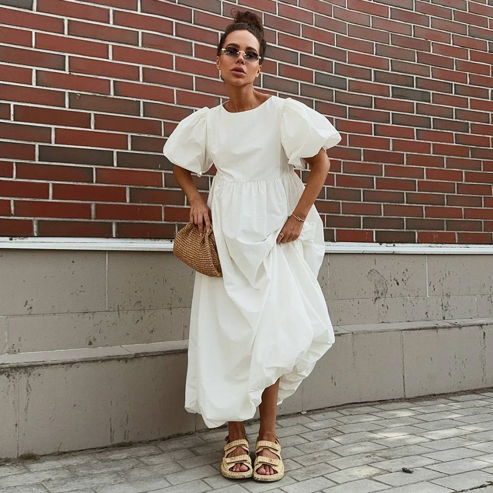 Round neck bubble sleeve dress European and American 2025 spring/summer new item solid color loose casual dress for women
Round neck bubble sleeve dress European and American 2025 spring/summer new item solid color loose casual dress for women