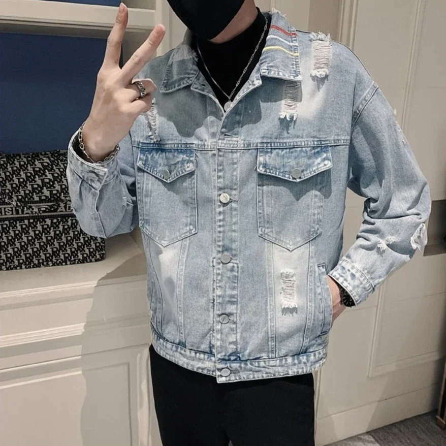 Male Jean Coats With Hole Casual Button Ripped Lxury Size L Elatic Korean Popular Clothes Men's Denim Jacket Vintage Clothing
Male Jean Coats With Hole Casual Button Ripped Lxury Size L Elatic Korean Popular Clothes Men's Denim Jacket Vintage Clothing