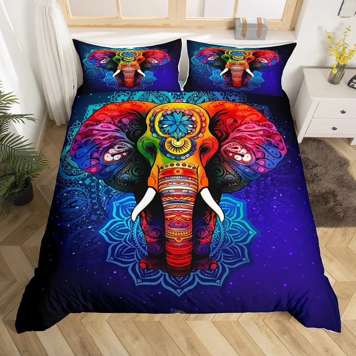 Elephant Duvet Cover Bohemian Style Bedding Set Full Queen, Tribe Exotic Animal Comforter Cover for Child Teens Bedroom Dorm
Elephant Duvet Cover Bohemian Style Bedding Set Full Queen, Tribe Exotic Animal Comforter Cover for Child Teens Bedroom Dorm