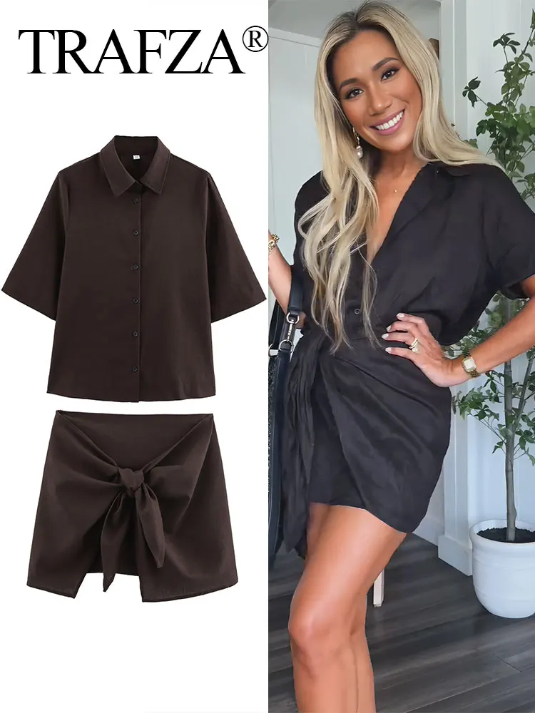 TRAFZA Casual Women's Shirt Suits Solid Lapel Short Sleeves Blouses Top+Commute With Bow Slim Woman Mini Skirt Lady Outfits Set
TRAFZA Casual Women's Shirt Suits Solid Lapel Short Sleeves Blouses Top+Commute With Bow Slim Woman Mini Skirt Lady Outfits Set