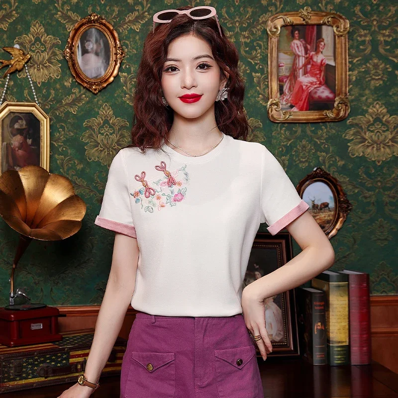 Cotton Chinese Style Women's T-shirt Summer Embroidery Tees Short Sleeve Loose Women Tops O-necks Vintage Clothing 2024 Korean
Cotton Chinese Style Women's T-shirt Summer Embroidery Tees Short Sleeve Loose Women Tops O-necks Vintage Clothing 2024 Korean