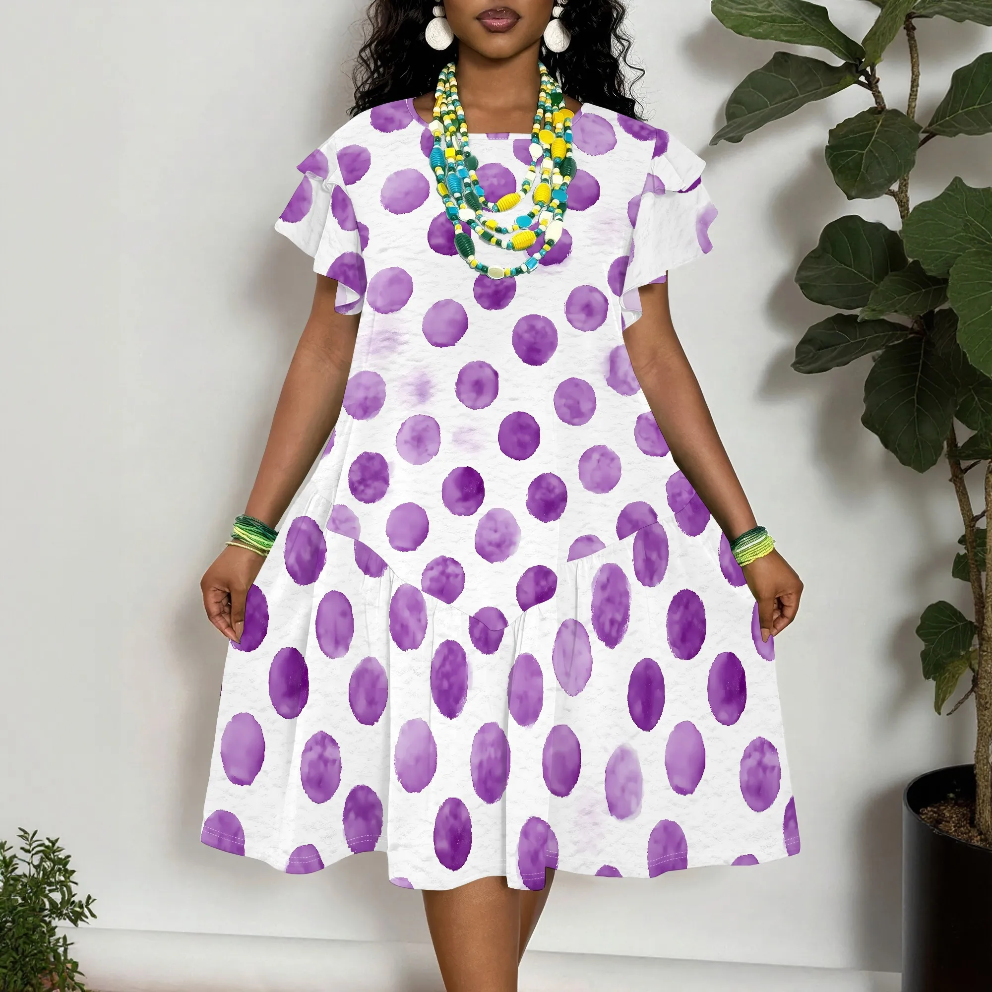 Purple Polka Dot Print, Short Sleeve Dress, Summer Casual Wear, Beach Vacation Outfit, Loose Fit A-Line, XL-6XL
Purple Polka Dot Print, Short Sleeve Dress, Summer Casual Wear, Beach Vacation Outfit, Loose Fit A-Line, XL-6XL
