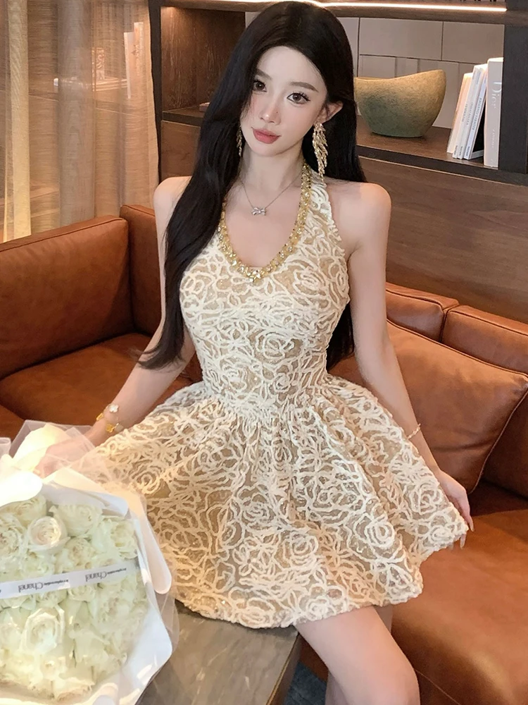 Summer New Hook Flower Hollow Chic Diamonds Dress Women Elegant Neck-mounted Sexy Mini Dress 2025 Korean Fashion Birthday Dress
Summer New Hook Flower Hollow Chic Diamonds Dress Women Elegant Neck-mounted Sexy Mini Dress 2025 Korean Fashion Birthday Dress
