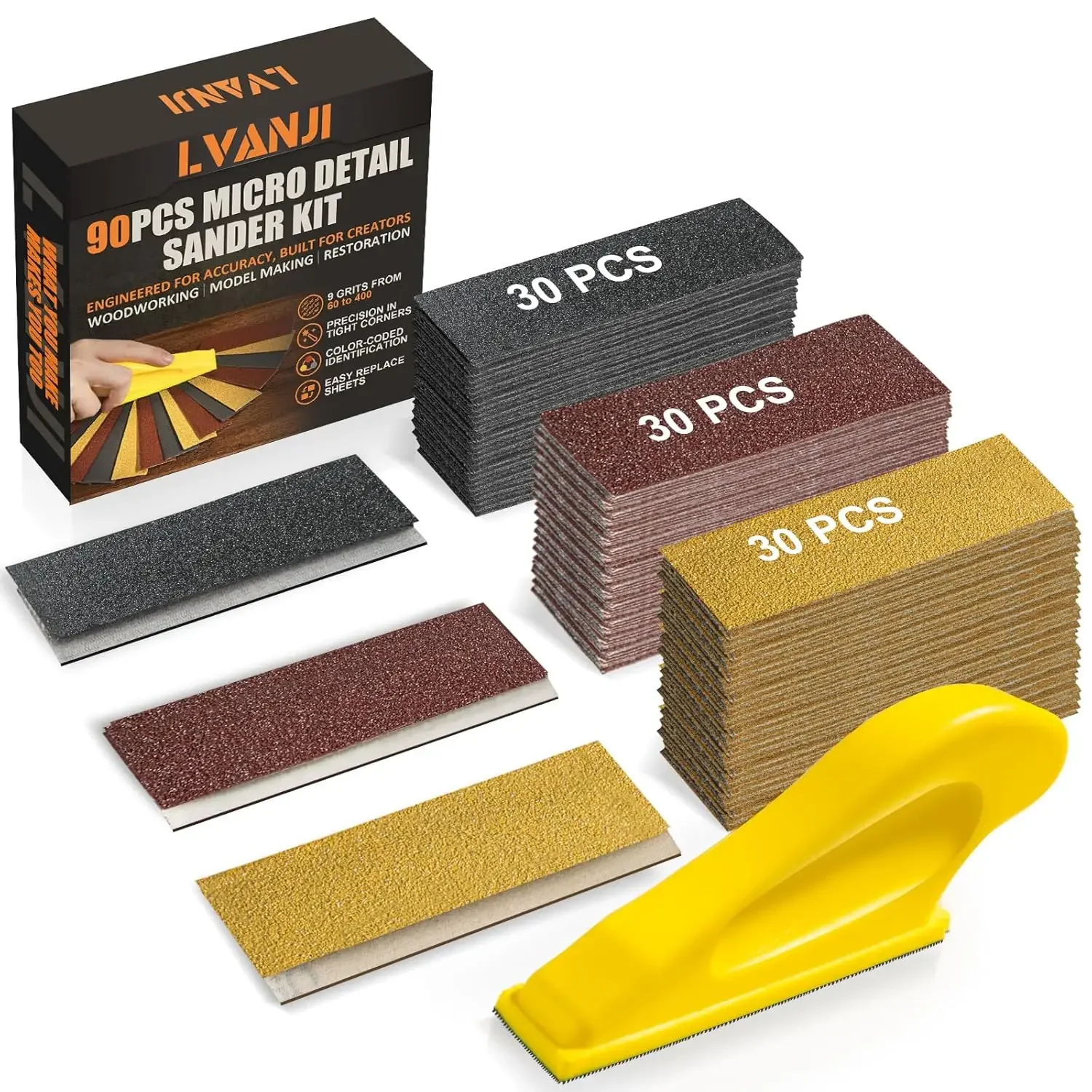 90PCS Micro Detail Sander Kit, 3-in-1 Mini Hand Sanding Block with 60-400 Grit Sandpaper for Wood Crafts and DIY Polishing
90PCS Micro Detail Sander Kit, 3-in-1 Mini Hand Sanding Block with 60-400 Grit Sandpaper for Wood Crafts and DIY Polishing