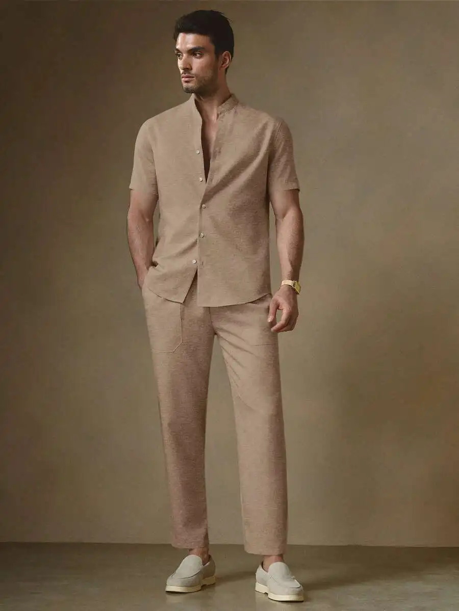 Mens Short Sleeve Mandarin Collar Shirt And Wide Leg Pants Casual Co-Ord Set
Mens Short Sleeve Mandarin Collar Shirt And Wide Leg Pants Casual Co-Ord Set