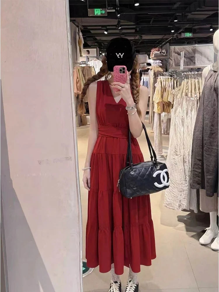 Beach Vacation Style Red Halter Dress Women's Flair Long Skirt Korean Style Knitted Low Elasticity Spring Summer Casual V-neck
Beach Vacation Style Red Halter Dress Women's Flair Long Skirt Korean Style Knitted Low Elasticity Spring Summer Casual V-neck