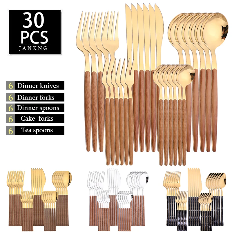 30Pcs Dinnerware Set Stainless Steel Imitation Wooden Handle Clamp Western Knife Fork Tea Spoon Cutlery Tableware Silverware
30Pcs Dinnerware Set Stainless Steel Imitation Wooden Handle Clamp Western Knife Fork Tea Spoon Cutlery Tableware Silverware