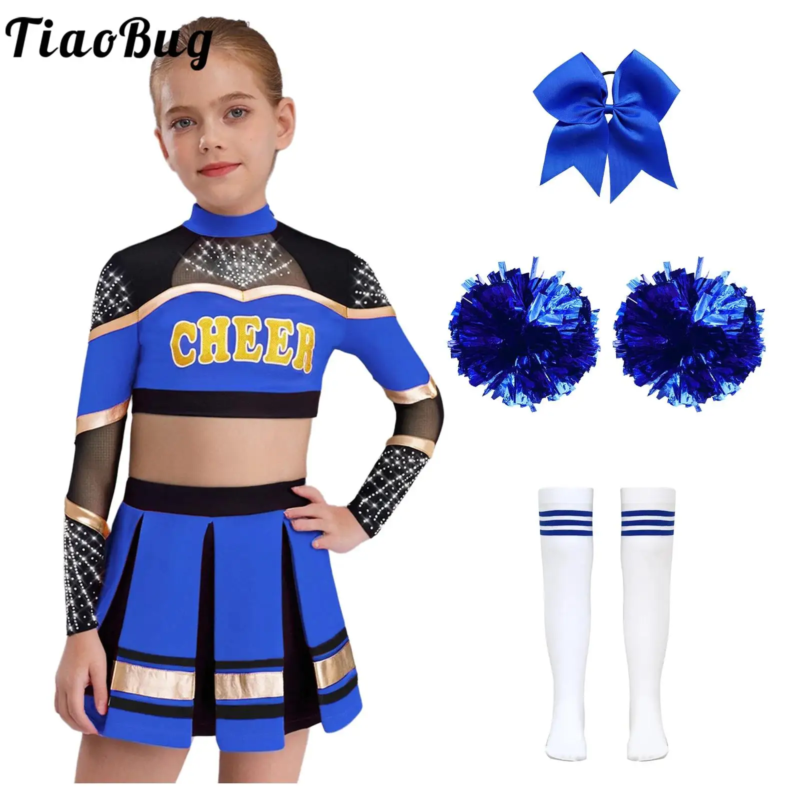Kids Girls Cheerleading Uniform Cheerleader Dance Outfits Long Sleeve Cheer Print Crop Top with Pleated Skirt Flower Balls Socks
Kids Girls Cheerleading Uniform Cheerleader Dance Outfits Long Sleeve Cheer Print Crop Top with Pleated Skirt Flower Balls Socks