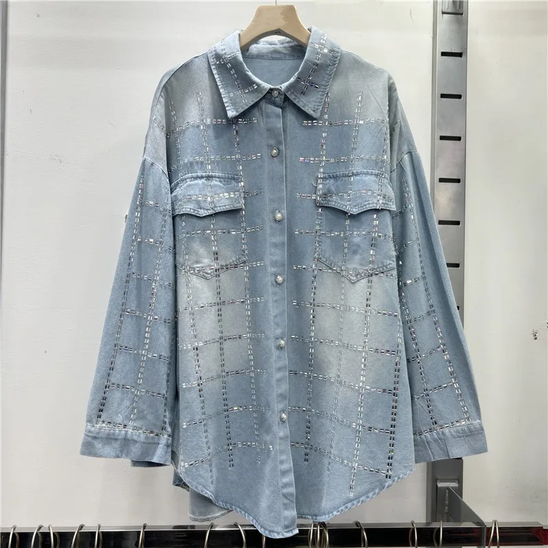 Fashion Diamond Denim Shirt Jacket Spring Women Vintage Washed Blue Cowboy Outerwear Casual Lapel Long Sleeve Jeans Jacket Coat
Fashion Diamond Denim Shirt Jacket Spring Women Vintage Washed Blue Cowboy Outerwear Casual Lapel Long Sleeve Jeans Jacket Coat