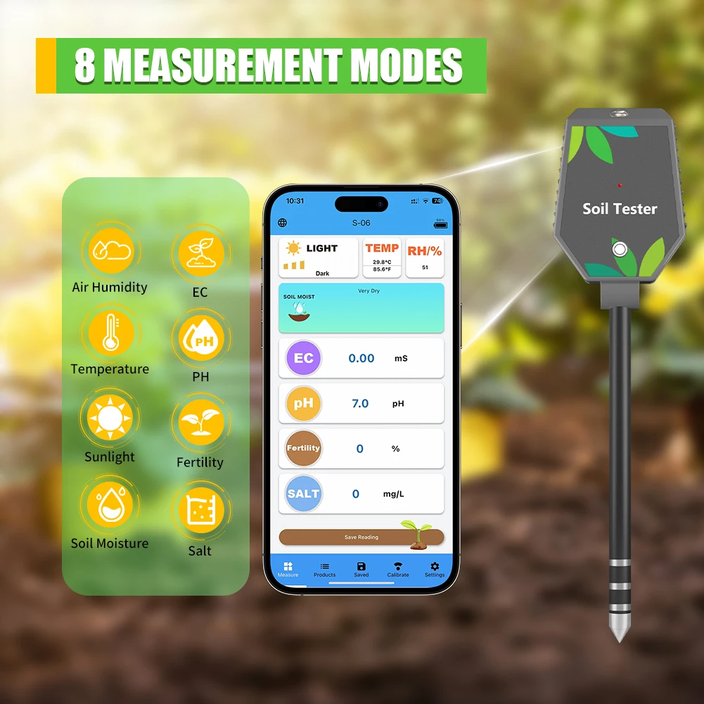 YAGO Bluetooth Soil Tester 8-in-1 Smart pH Meter for Plants Soil Moisture EC Temp Fertility Salt Light Intensity App Control
YAGO Bluetooth Soil Tester 8-in-1 Smart pH Meter for Plants Soil Moisture EC Temp Fertility Salt Light Intensity App Control