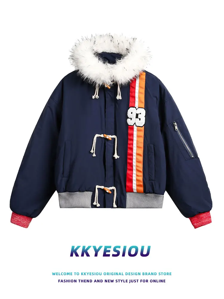 KKyesiou American Retro Thick Fur Collar Design Hooded Cotton Jacket Men's Women's Splicing Cotton Short Coat Warm Casual Style
KKyesiou American Retro Thick Fur Collar Design Hooded Cotton Jacket Men's Women's Splicing Cotton Short Coat Warm Casual Style