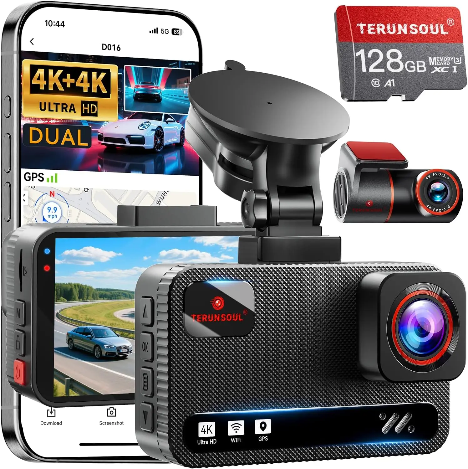 4K Front and Rear Dash Cam with GPS, WiFi, 128GB Card, 170° Wide Angle, Parking Mode for Cars
4K Front and Rear Dash Cam with GPS, WiFi, 128GB Card, 170° Wide Angle, Parking Mode for Cars
