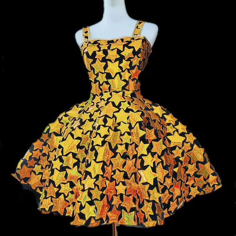 Gold Star Pattern Laser Mirror Sequin Bubble Dress Bar Stage Wear Club Party Dance Costume Women Birthday Party Performance Wear
Gold Star Pattern Laser Mirror Sequin Bubble Dress Bar Stage Wear Club Party Dance Costume Women Birthday Party Performance Wear