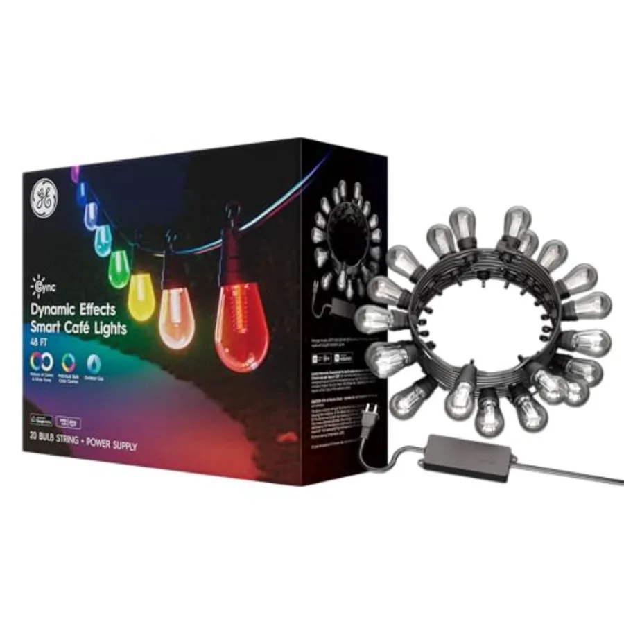 GE Dynamic Effects Smart Cafe Lights Color Changing Patio String Lights Compatible with Alexa and Google 48ft
GE Dynamic Effects Smart Cafe Lights Color Changing Patio String Lights Compatible with Alexa and Google 48ft