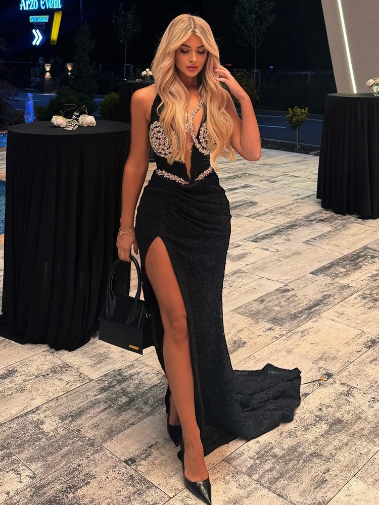 Gothic Black Lace Halter Neck Diamonds Gown with Rhinestone Embellishments Women's High Slit Upscale Nights Long Dress
Gothic Black Lace Halter Neck Diamonds Gown with Rhinestone Embellishments Women's High Slit Upscale Nights Long Dress