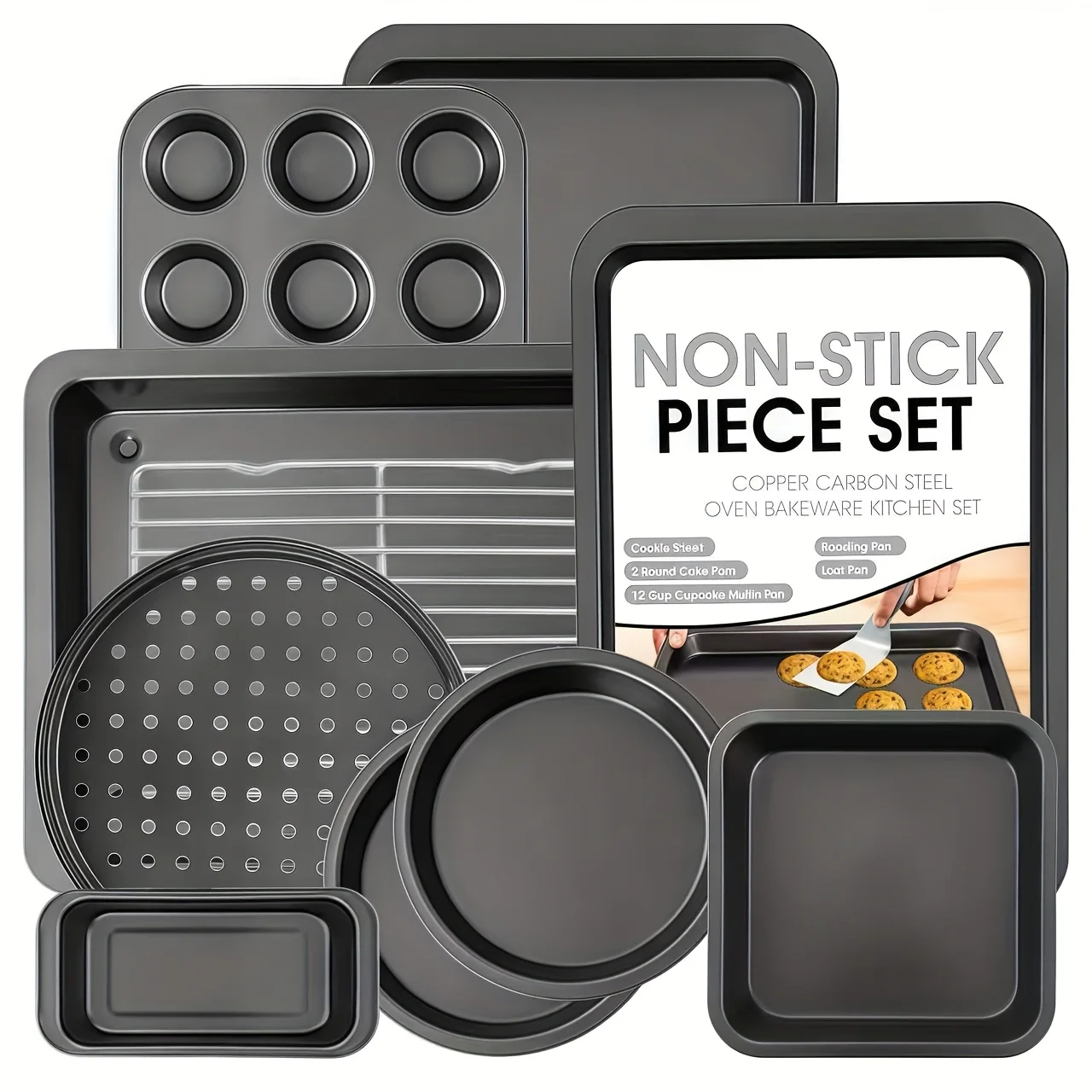 Set of 10 Baking Trays, Featuring a Biscuit Board, Two Round Cake Pans, a Square Tray, a Bread Tray, a 12-Cup Pancake Mold, a Pizza Tray, a Cooling Rack, All Essential Kitchen Items Made of Commercial-Grade Carbon Steel in Black
Set of 10 Baking Trays, Featuring a Biscuit Board, Two Round Cake Pans, a Square Tray, a Bread Tray, a 12-Cup Pancake Mold, a Pizza Tray, a Cooling Rack, All Essential Kitchen Items Made of Commercial-Grade Carbon Steel in Black