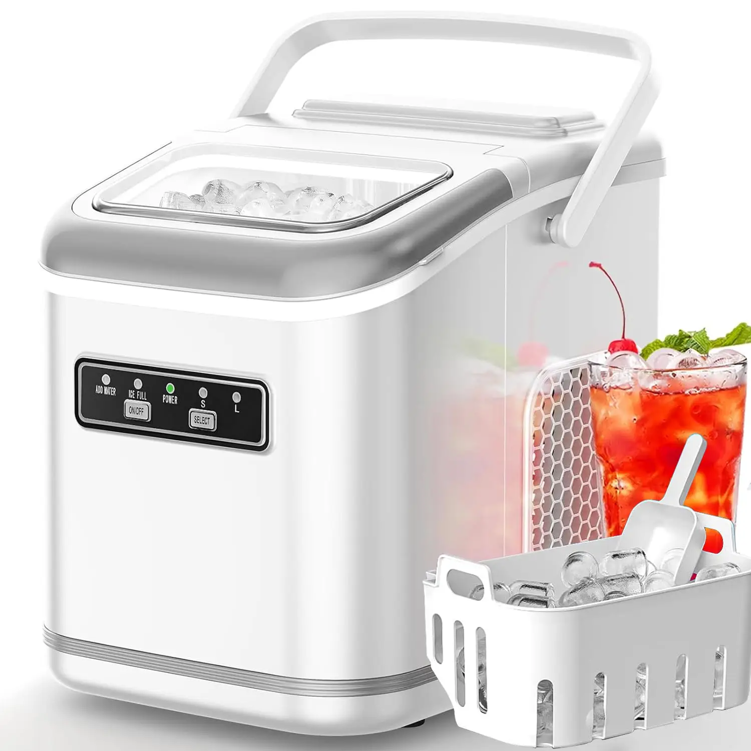 Portable Ice Maker, 26Lbs/24H, 9Pcs/6Mins, S/L Bullet Ice, Self-Cleaning for Kitchen Office Bar RV
Portable Ice Maker, 26Lbs/24H, 9Pcs/6Mins, S/L Bullet Ice, Self-Cleaning for Kitchen Office Bar RV