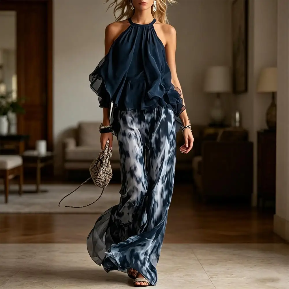 Navy Blue Halter Neck Tops Printed Wide Leg Pant Ladies Outfit 2 Piece Chiffon Sets Ruffle Halter Sleeveless Top Wide Leg Pants
Navy Blue Halter Neck Tops Printed Wide Leg Pant Ladies Outfit 2 Piece Chiffon Sets Ruffle Halter Sleeveless Top Wide Leg Pants