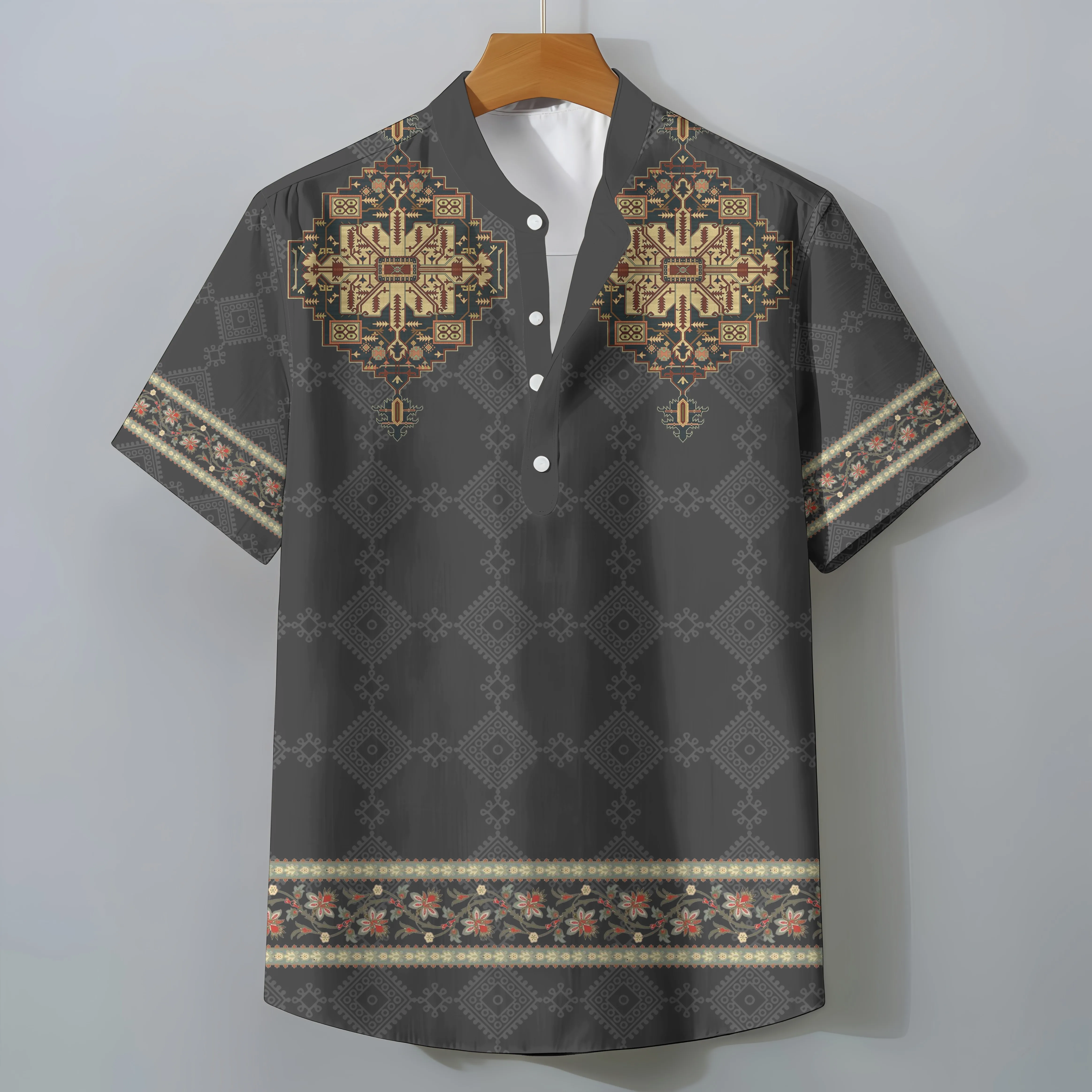 Fashionable Men's Retro 3D Printed Henry Large Shirt Button Stand Collar Short Sleeve Ethnic Style Casual T-Shirt Tops
Fashionable Men's Retro 3D Printed Henry Large Shirt Button Stand Collar Short Sleeve Ethnic Style Casual T-Shirt Tops