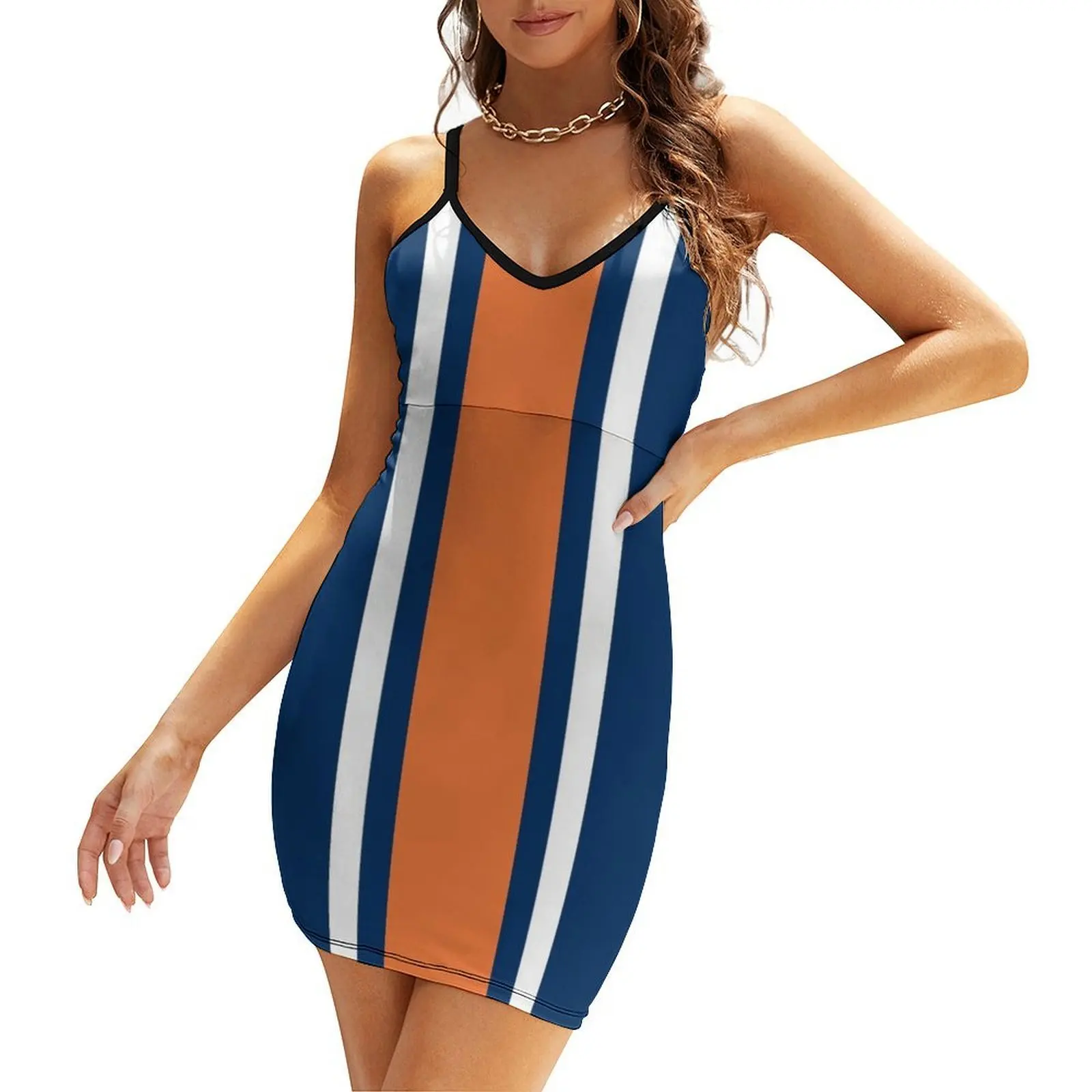 Navy, White, & Orange Vertical Power Stripe Sling Dress dresses for women 2025 dresses summer birthday dress for women 
Navy, White, & Orange Vertical Power Stripe Sling Dress dresses for women 2025 dresses summer birthday dress for women