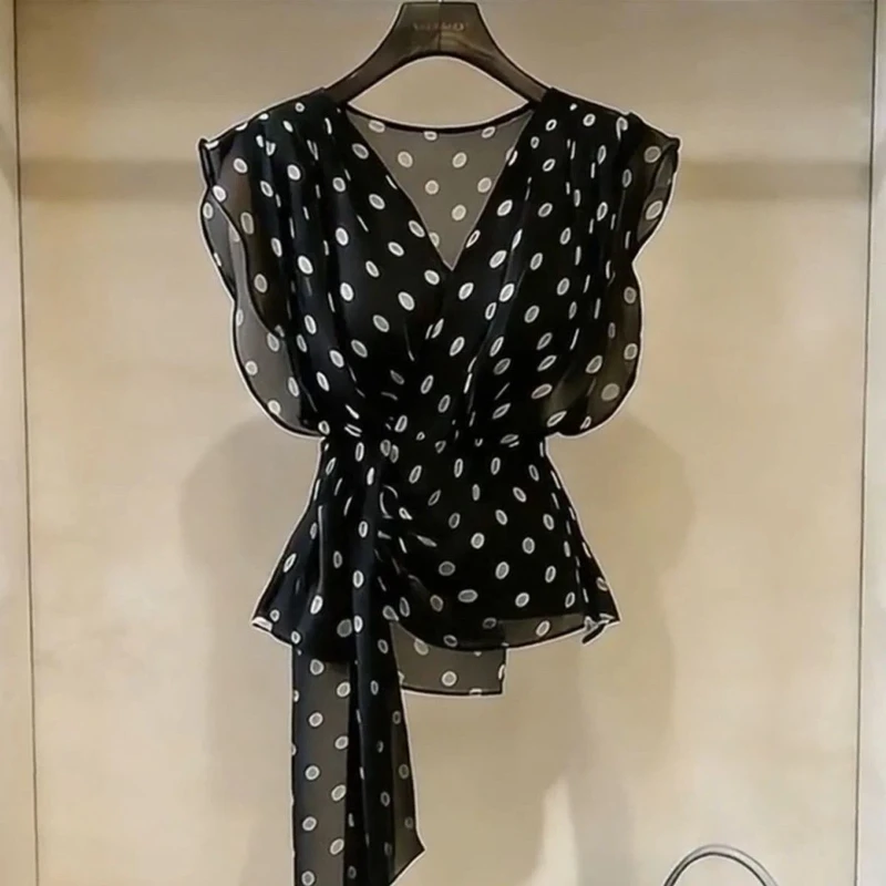 Chiffon Polka Dot Printing Bandage Vintage Blouse Thin Sleeveless Temperament Shirt Tops Summer Elegant Fashion Women Clothing
Chiffon Polka Dot Printing Bandage Vintage Blouse Thin Sleeveless Temperament Shirt Tops Summer Elegant Fashion Women Clothing