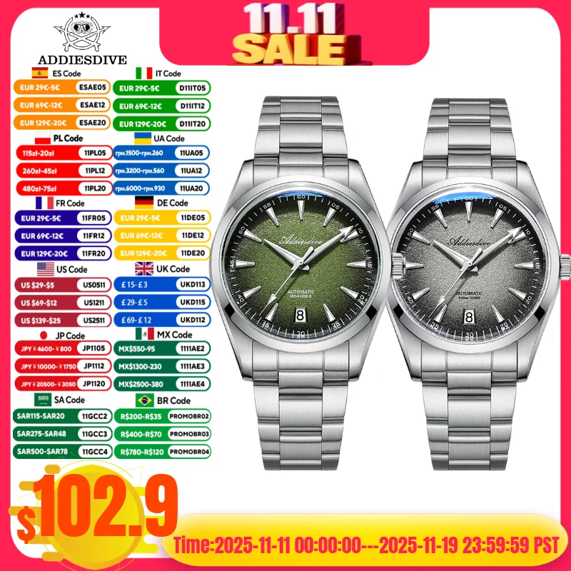 ADDIESDIVE Мужские часы для дайвинга Светящееся керамическое кольцо 100 м Водонепроницаемые автоматические механические часы из нержавеющей стали 316L
ADDIESDIVE Мужские часы для дайвинга Светящееся керамическое кольцо 100 м Водонепроницаемые автоматические механические часы из нержавеющей стали 316L