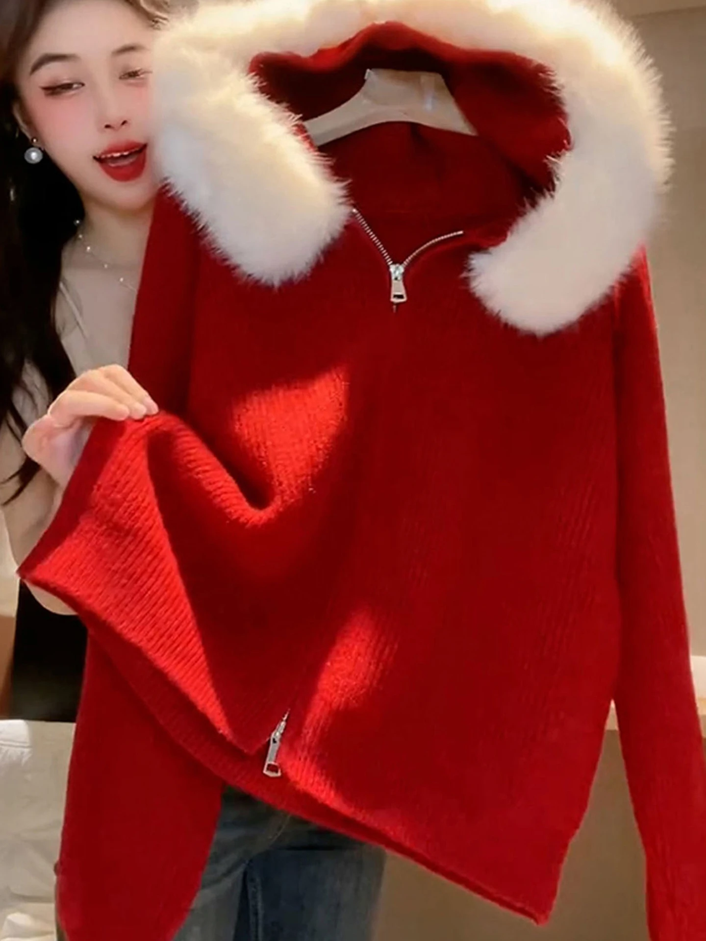 Red Knitted Hat Sweater Double Zipper Lightweight Luxury Winter Long Sve Top Slimming New Year Korean Sle Commute Faion
Red Knitted Hat Sweater Double Zipper Lightweight Luxury Winter Long Sve Top Slimming New Year Korean Sle Commute Faion