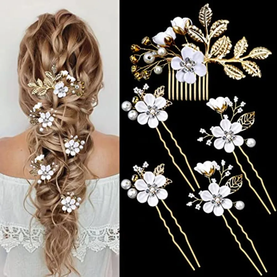 5 Pieces Bridal Flower Wedding Hair Pins Crystal Pearl Hair Pins Clips Headpiece Gold Wedding Hair Accessories Jewelry with Rhi
5 Pieces Bridal Flower Wedding Hair Pins Crystal Pearl Hair Pins Clips Headpiece Gold Wedding Hair Accessories Jewelry with Rhi