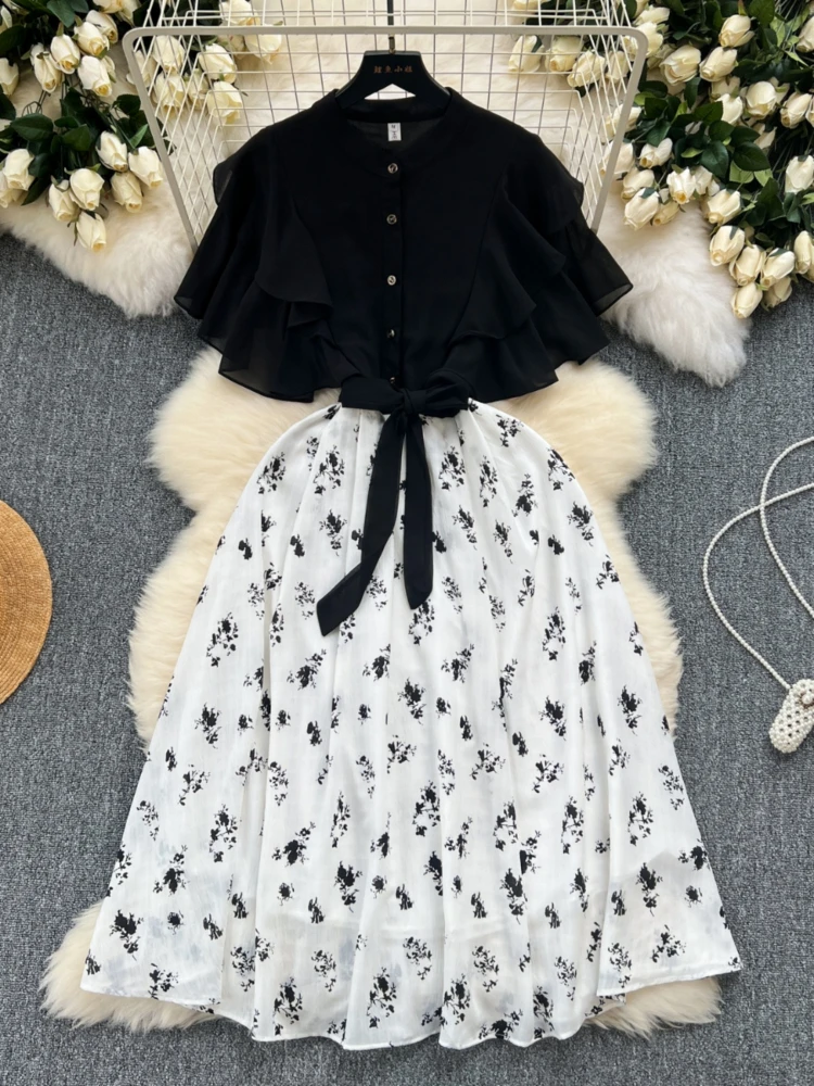 French Sweet Printed Dress Women Ruffled Short Sleeved Breasted Slim Midi Vintage Dresses Ladies Fake Two-piece Floral Robe
French Sweet Printed Dress Women Ruffled Short Sleeved Breasted Slim Midi Vintage Dresses Ladies Fake Two-piece Floral Robe