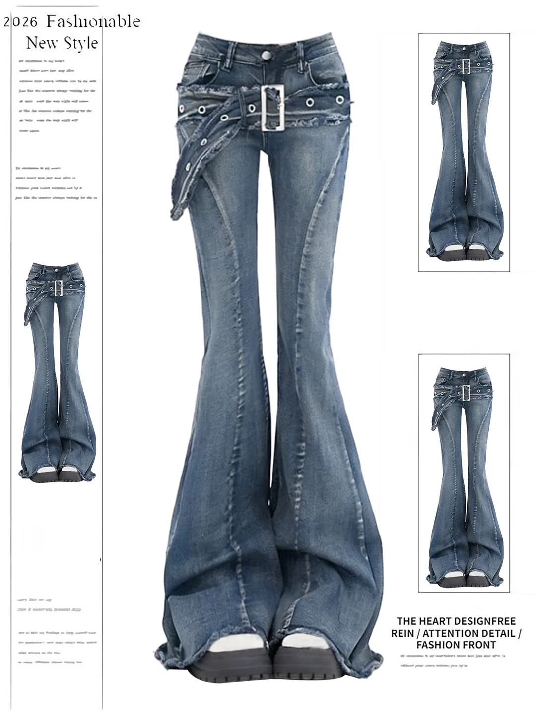American Retro Design Sensation Belt Frayed Micro Flared Jeans Low Waist Straight Leg Pants Summer New Arrival Blue Denim
American Retro Design Sensation Belt Frayed Micro Flared Jeans Low Waist Straight Leg Pants Summer New Arrival Blue Denim