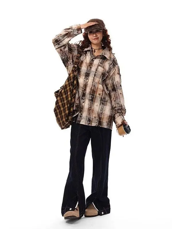 Retro American Street Tie Dye Plaid irt Men Women Spring Autumn Sle Frayed Design Couple Long Sve Top Outerwear
Retro American Street Tie Dye Plaid irt Men Women Spring Autumn Sle Frayed Design Couple Long Sve Top Outerwear