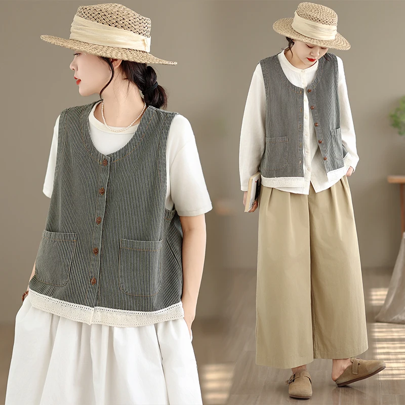 Retro Casual Striped Cotton Linen Women's Vest Summer round Neck Button Double Pocket Lace Edged Fashionable Versatile Vest
Retro Casual Striped Cotton Linen Women's Vest Summer round Neck Button Double Pocket Lace Edged Fashionable Versatile Vest