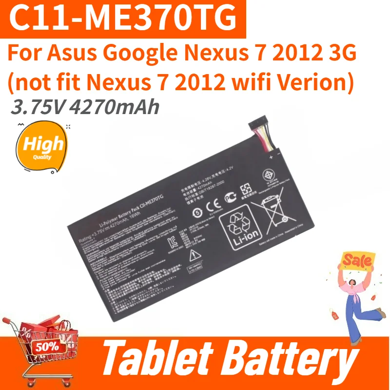 High Quality C11-ME370TG Tablet Battery 3.75V 4270mAh For Asus Google Nexus 7 2012 3G Brand New Replacement Battery
High Quality C11-ME370TG Tablet Battery 3.75V 4270mAh For Asus Google Nexus 7 2012 3G Brand New Replacement Battery