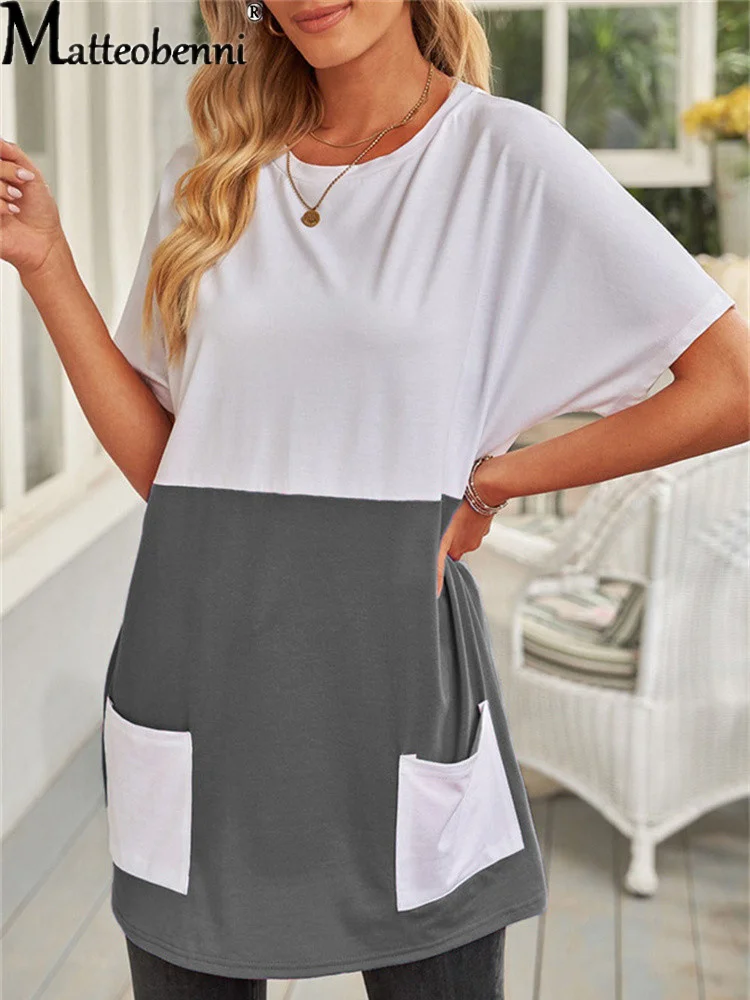 Women Patchwork Basic Top Short Sleeve Contrast Color T-Shirt Femme Pullovers Summer Round Neck Pocket Tee Shirts 2022
Women Patchwork Basic Top Short Sleeve Contrast Color T-Shirt Femme Pullovers Summer Round Neck Pocket Tee Shirts 2022