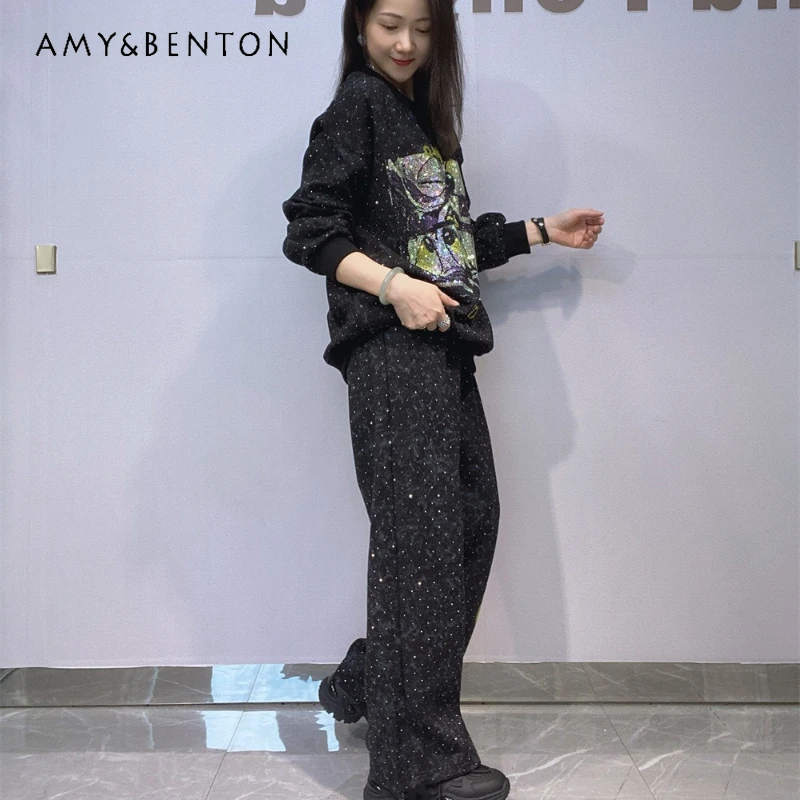 Rhinestone O-Neck Pullover Drop Shoulder Sweatshirt Trousers 2 Piece Set Set Women's Casual Long Sleeves Top Straight Pants Suit
Rhinestone O-Neck Pullover Drop Shoulder Sweatshirt Trousers 2 Piece Set Set Women's Casual Long Sleeves Top Straight Pants Suit