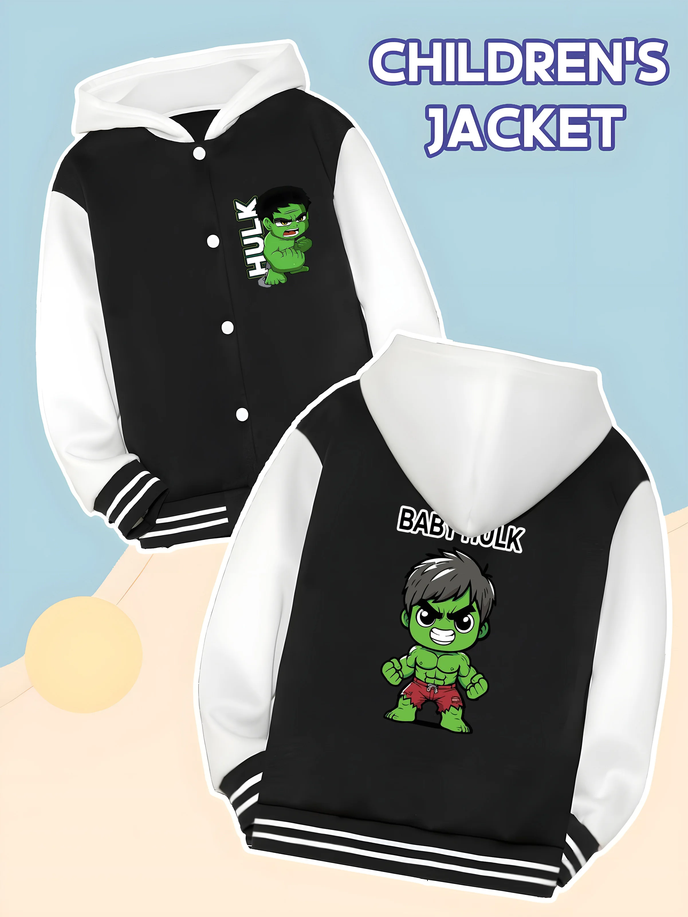 MINISO Marvel Boys' Baseball hooded Jacket - Hulk "HULK STICKER" Double-sided Graphic, Soft Fabric 
MINISO Marvel Boys' Baseball hooded Jacket - Hulk "HULK STICKER" Double-sided Graphic, Soft Fabric