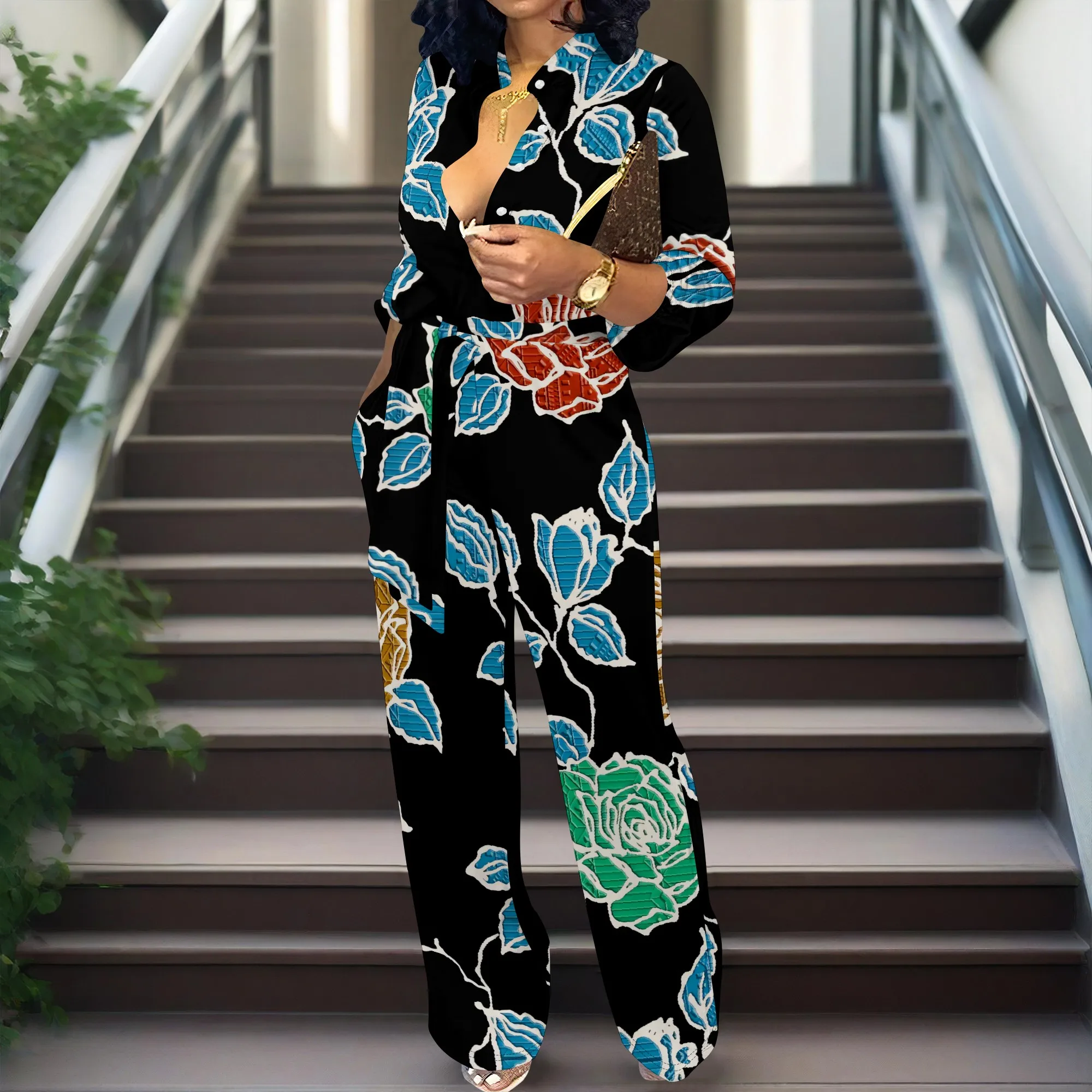 Women’s Long Sleeve Jumpsuit Colorful Leaf Print Belted Waist Loose Fit Wide Leg Casual One Piece
Women’s Long Sleeve Jumpsuit Colorful Leaf Print Belted Waist Loose Fit Wide Leg Casual One Piece