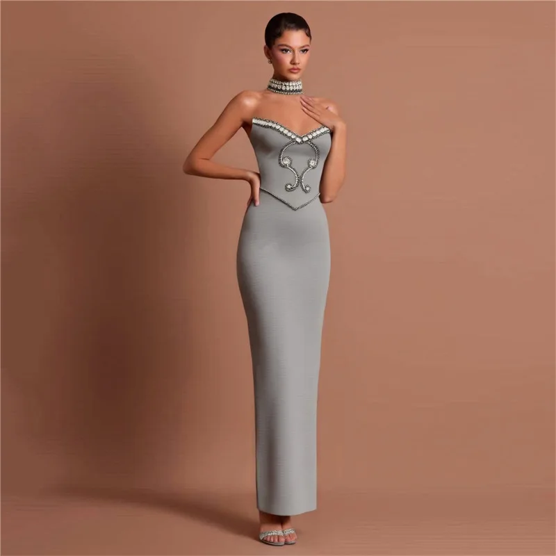Grey Bandage Women Prom Dress With Necklace Luxury Crystals Stone Sexy Sleeveless Banquet Party Gown Formal Prom Birthday Robe 
Grey Bandage Women Prom Dress With Necklace Luxury Crystals Stone Sexy Sleeveless Banquet Party Gown Formal Prom Birthday Robe