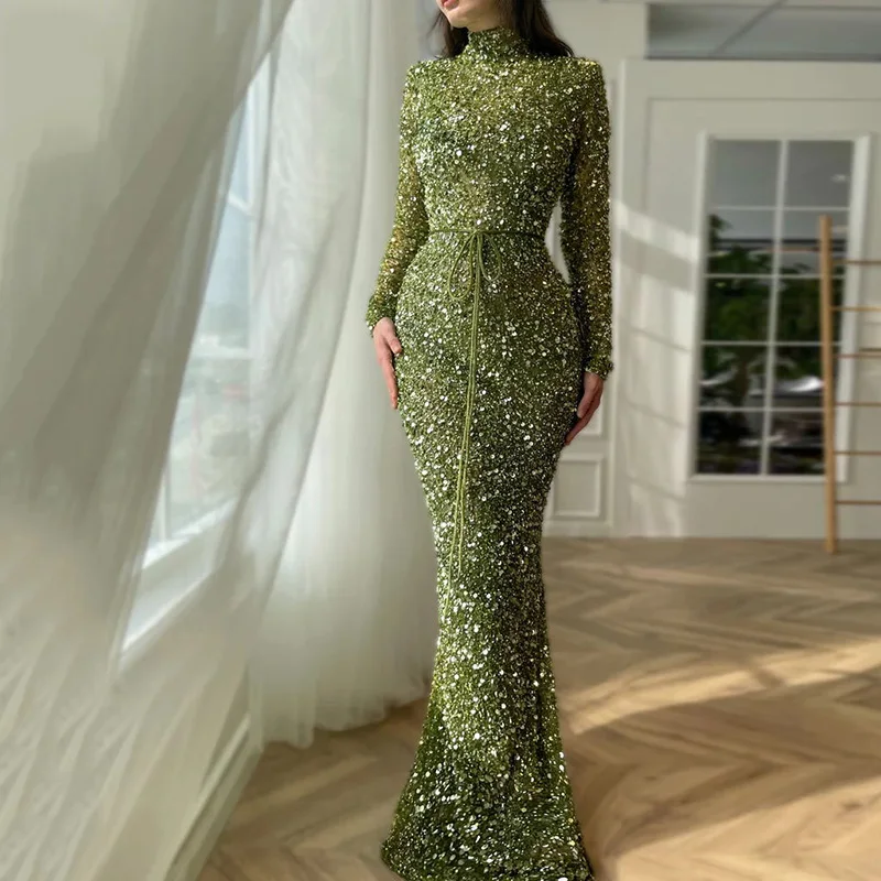 Yipeisha Saudi Arabia Long Sleeves Mermaid Evening Gown Sage Sequin Prom Dress Backless High Collar Party Custom Made
Yipeisha Saudi Arabia Long Sleeves Mermaid Evening Gown Sage Sequin Prom Dress Backless High Collar Party Custom Made
